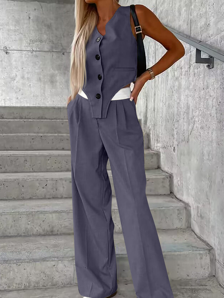 Damen Asymmetrisches Gilet- und Palazzohosen-Set mit Bundfalten und Eingrifftaschen – Avélisse
