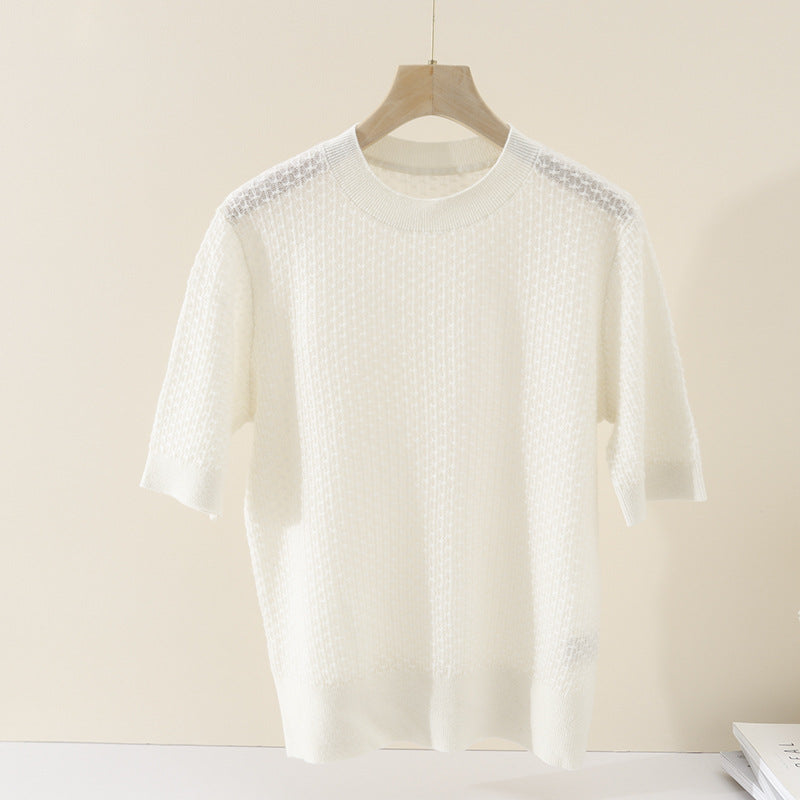 Damen Kurzärmeliges Feinstrickshirt mit Ajourstruktur und geripptem Saum Echo Archiv