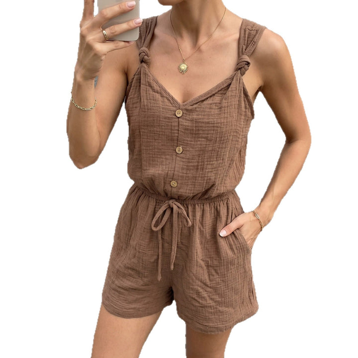 Damen lässiger Jumpsuit mit knöpfbarem V-Ausschnitt und elastischem Bund Echoarchiv