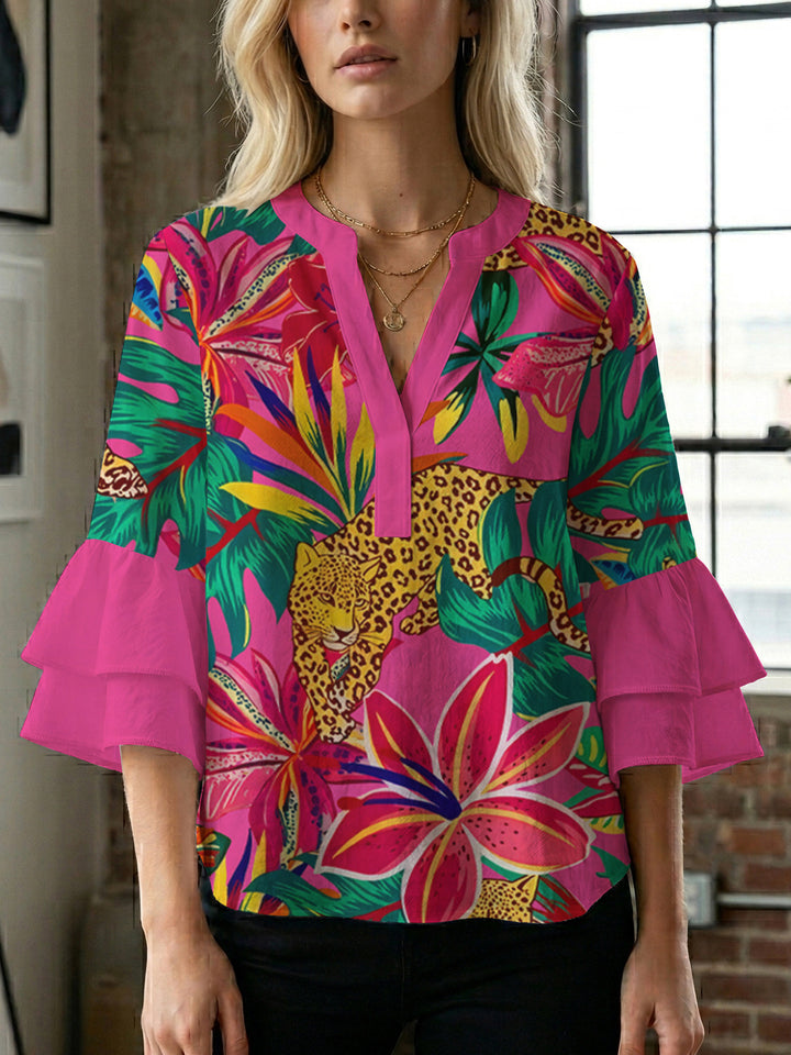 Damen lässige Bluse mit Volantärmeln und botanischem Druck Echo Archiv