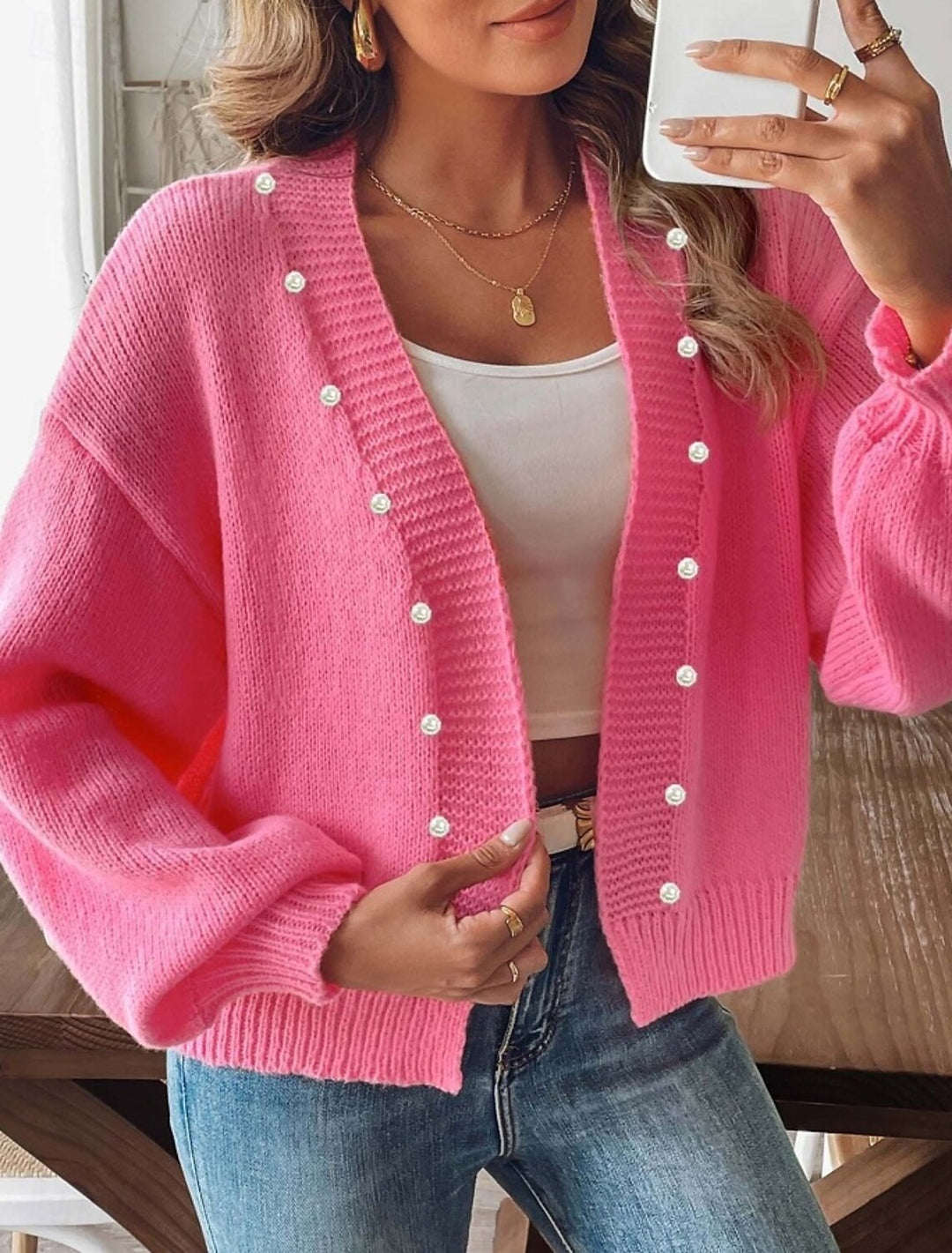 Damen nan grobstrick Cardigan mit Perlenknöpfen und Balloonärmeln Echo Archiv