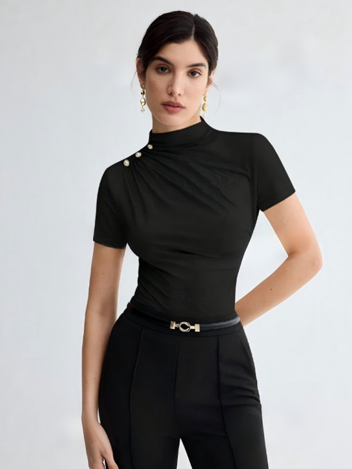 Damen elegantes Oberteil mit dekorativen Knopfdetails und modernem Stehkragen Echo Archiv
