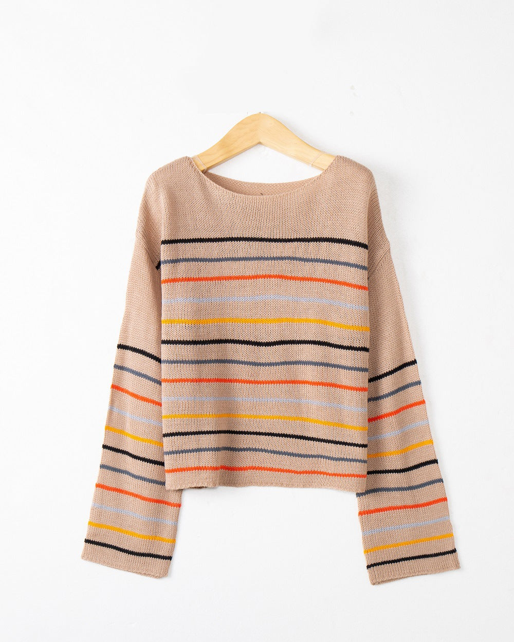 Damen Kurzgeschnittener Feinstrick-Pullover mit Rundhalsausschnitt, mehrfarbigen Horizontalstreifen und überschnittenen Schultern Echo Archiv