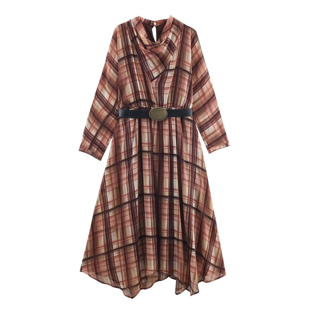 Damen Langarm Kleid im karierten Design mit asymmetrischem Saum und Bindegürtel Echo Archiv