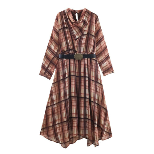 Damen Langarm Kleid im karierten Design mit asymmetrischem Saum und Bindegürtel Echo Archiv