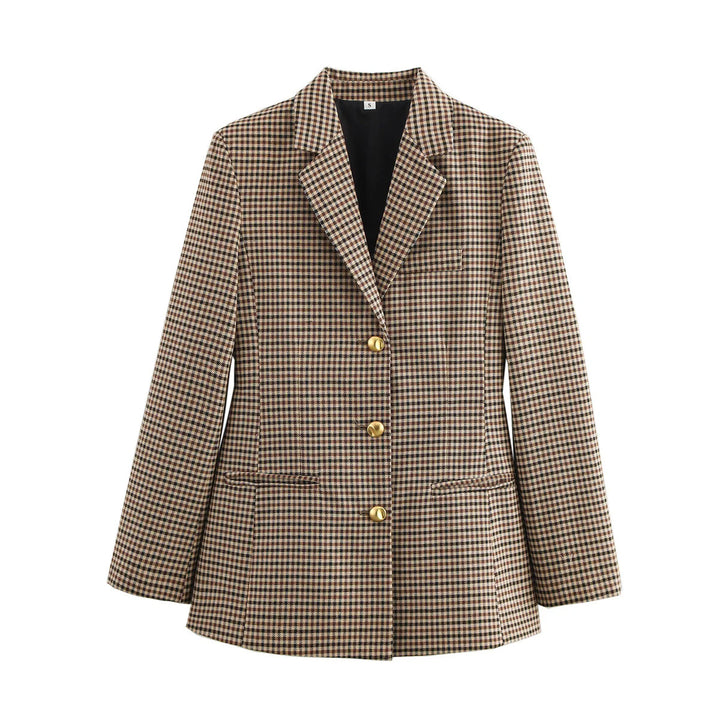 Damen klassischer Einreiher-Blazer im Mini-Hahnentritt mit goldknopfleiste und Wiener Nähten – Valéne