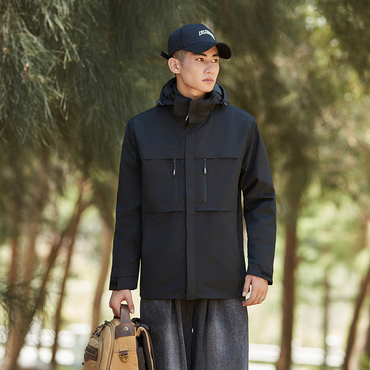Herren technische Outdoorjacke mit Kapuze, wasserabweisender Membran und multifunktionalen Reißverschlusstaschen Echoarchiv