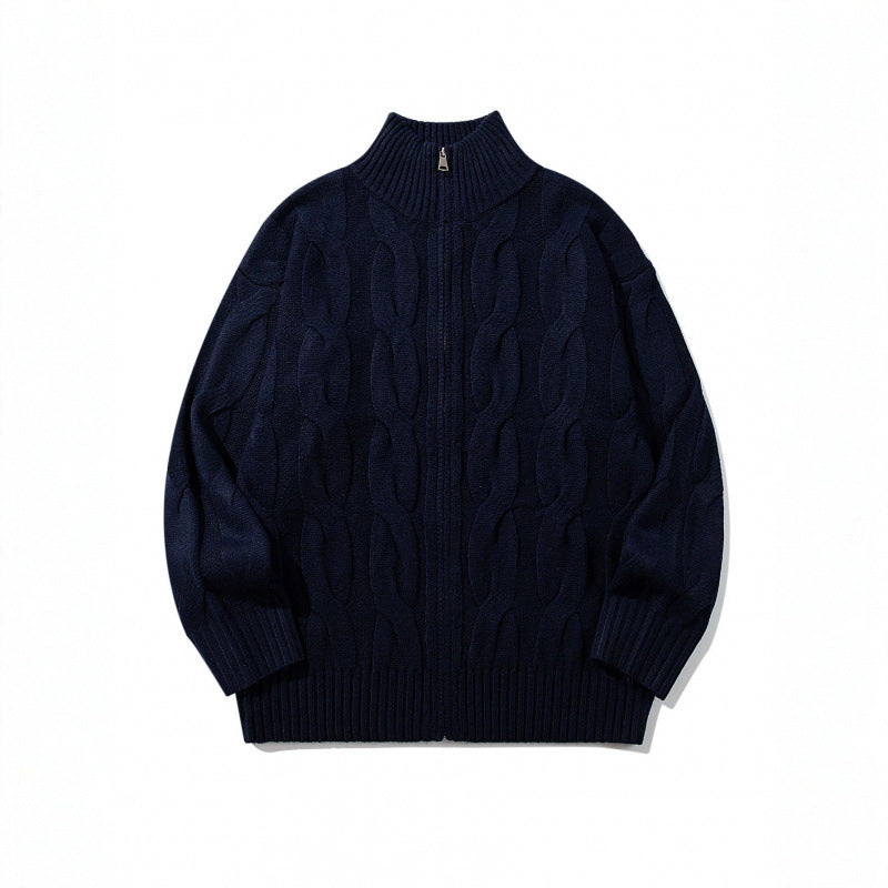 Unisex Grobgestrickter Reißverschluss-Cardigan mit Zopfmuster und hohem Rippkragen Echo Archiv