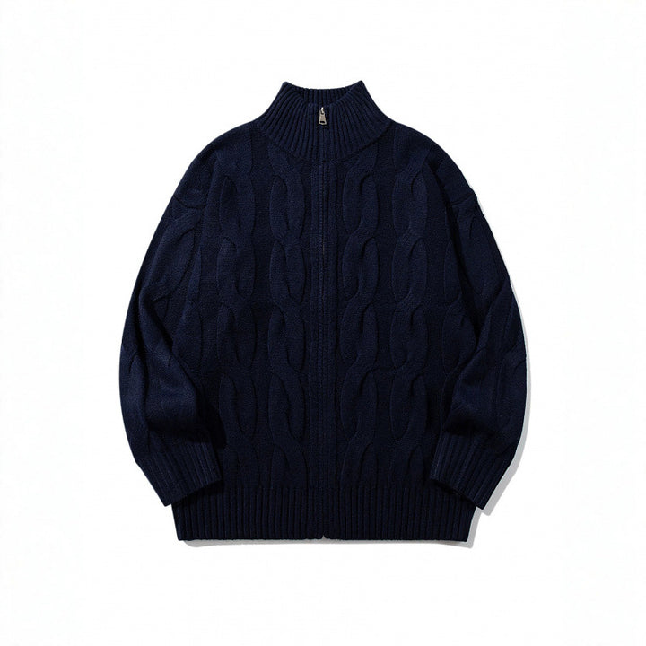 Unisex Grobgestrickter Reißverschluss-Cardigan mit Zopfmuster und hohem Rippkragen Echo Archiv