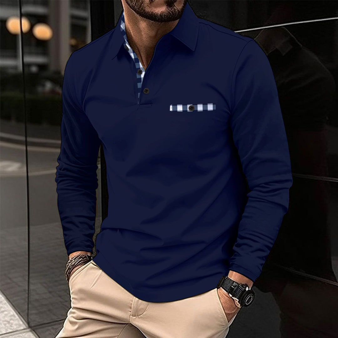 Herren modernes Langarm-Polohemd mit stilvollem Karodetail Echoarchiv