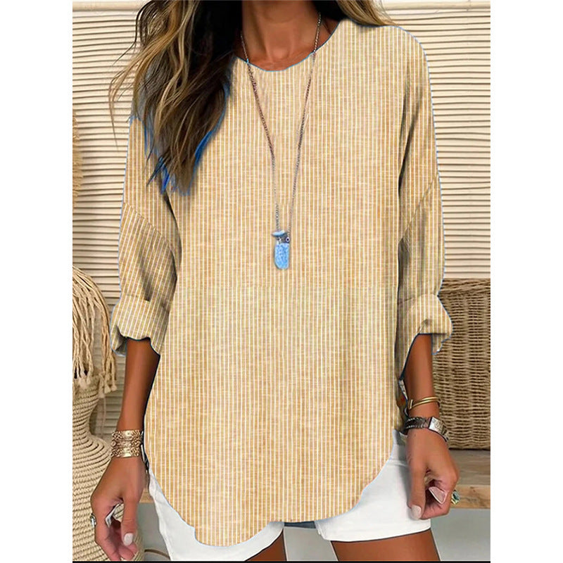 Damen Casual Leinenlook Lange Bluse mit feinen Streifen Echoarchiv