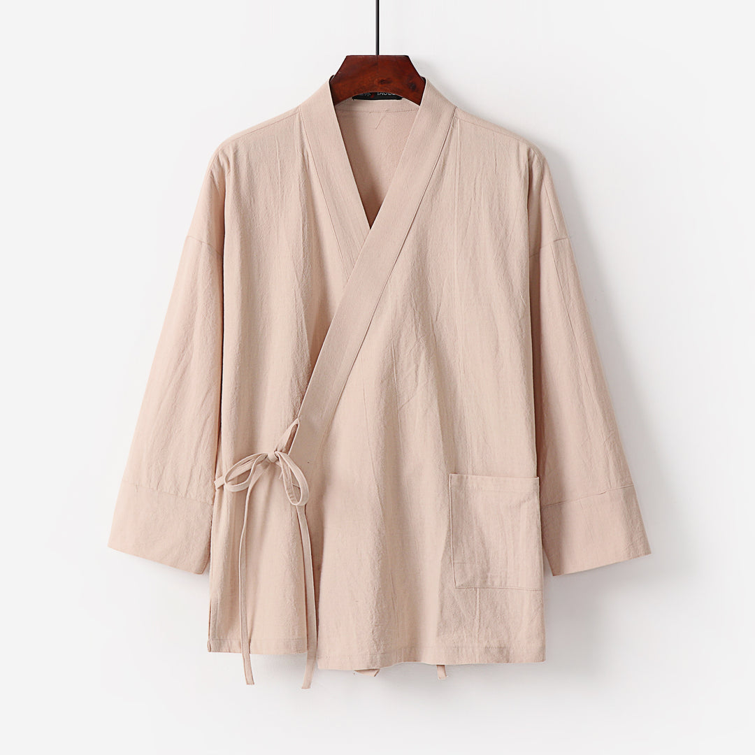 Damen Kimono-Cardigan aus Baumwoll-Leinen mit dreiviertelärmeln Bindegürtel und aufgesetzten Taschen Echoarchiv