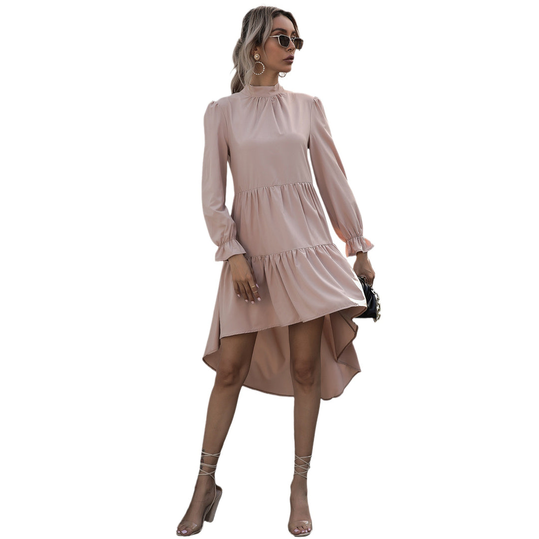 Damen Asymmetrisches Stufen-Midikleid mit Stehkragen, langen Ärmeln und Volant-Saum – Élara