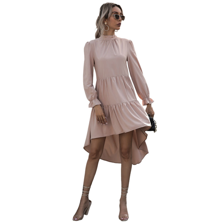 Damen Asymmetrisches Stufen-Midikleid mit Stehkragen, langen Ärmeln und Volant-Saum – Élara