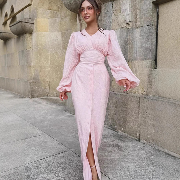 Damen Maxikleid mit Puffärmeln, tailliertem Mieder und Frontknopfleiste Echoarchiv