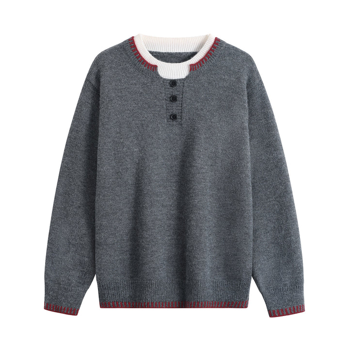Unisex Feinstrick-Henley-Pullover mit kontrastreichem Rippkragen & Dreiknopfleiste Echoarchiv