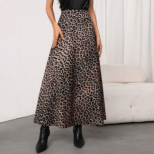 Damen Maxirock mit hohem Bund, ausgestellter A-Linie und markantem Leopardenprint – Valéora