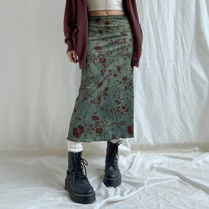 Damen Satin Midirock mit floraler Samtapplikation und schmaler Silhouette Echo Archiv