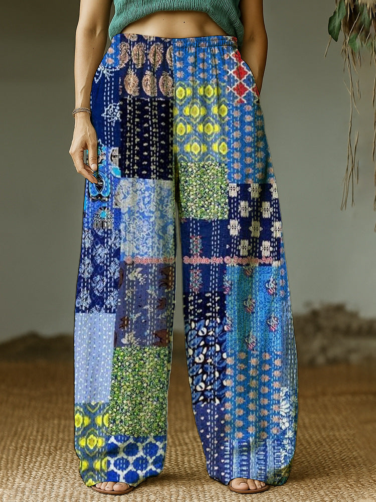 Damen Weite Freizeithose mit ethnischem Patchwork-Muster Echo Archiv