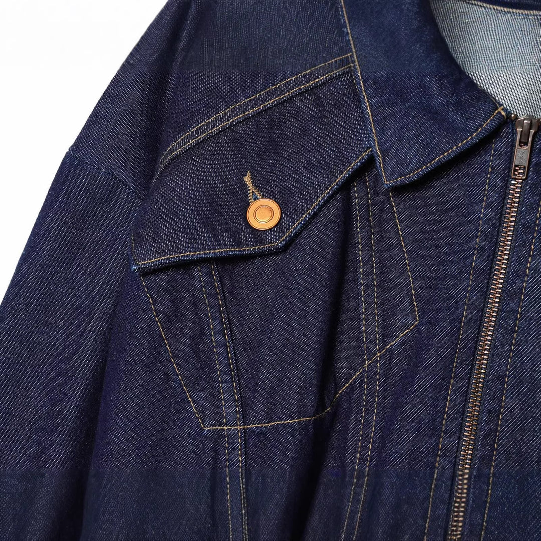 Damen Cropped Jeansjacke mit Reißverschluss, taillierter Tunnelzug und Pattentaschen Echoarchiv