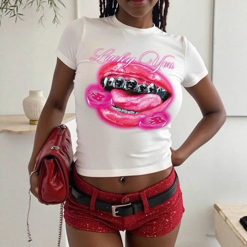 Damen T-Shirt mit kreativem Lippenmotiv und auffälligem Grafikdruck Echo Archiv