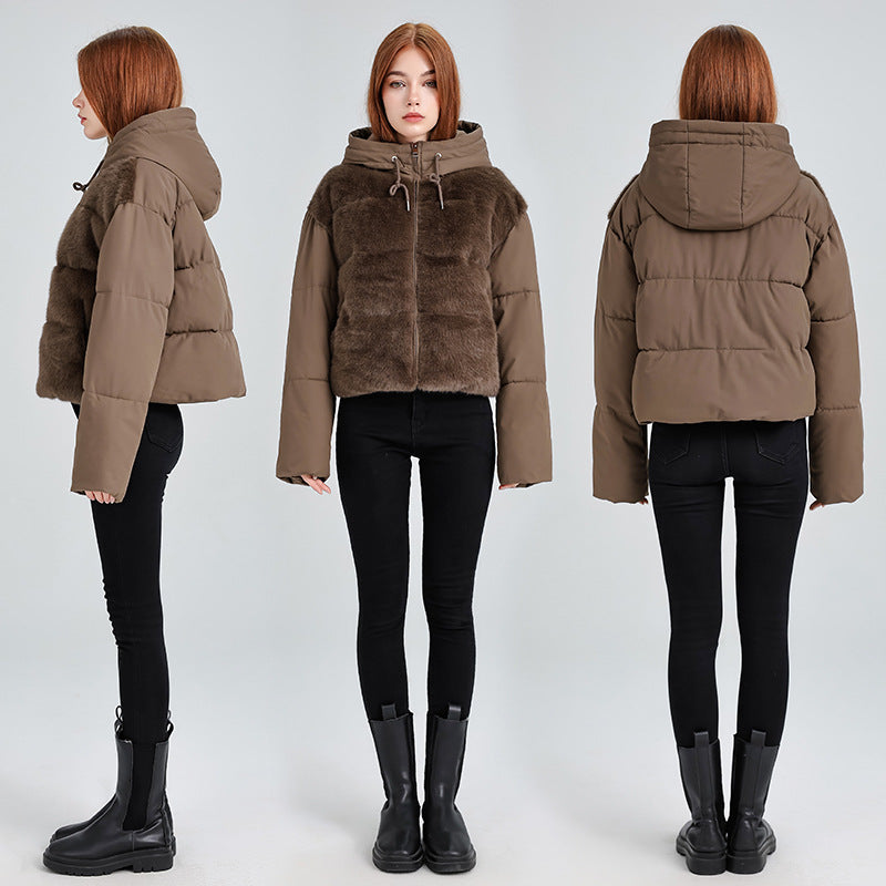 Damen Kurze Hybrid-Winterjacke mit samtiger Kunstfellfront und Kapuzenkragen Echo Archiv