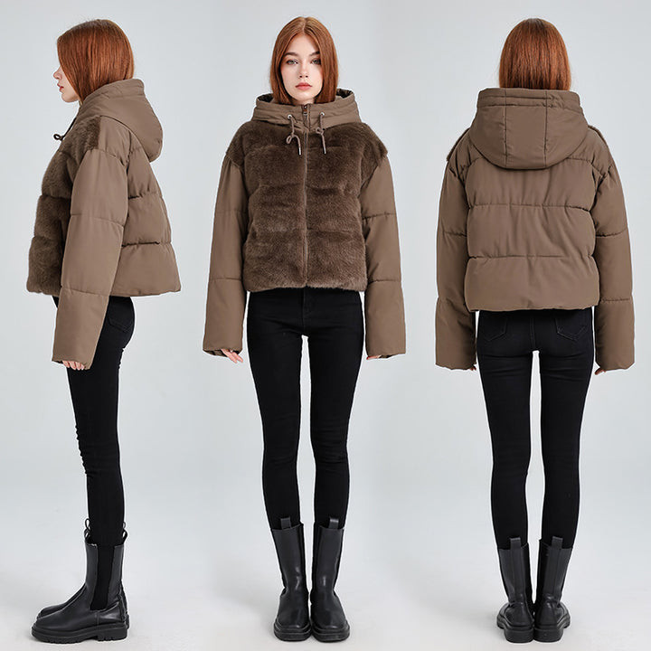 Damen Kurze Hybrid-Winterjacke mit samtiger Kunstfellfront und Kapuzenkragen Echo Archiv