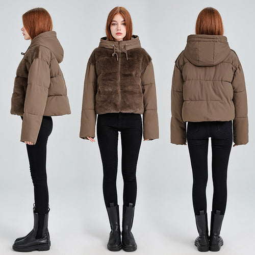 Damen Kurze Hybrid-Winterjacke mit samtiger Kunstfellfront und Kapuzenkragen Echo Archiv