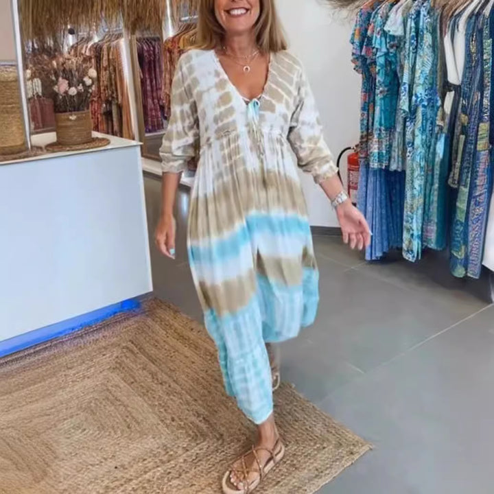 Damen nan luftiges Batik-Stufenkleid mit V-Ausschnitt, Empire-Taille und elastischen Ärmeln Echo Archiv