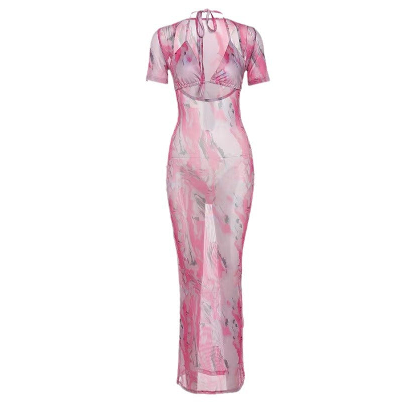 Damen Schickes Wickelkleid mit tiefem Ausschnitt und buntem Marmor-Muster Echo Archiv