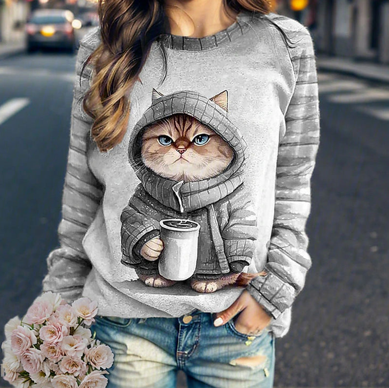 Damen nan lässiges Sweatshirt mit großem Kätzchen-Frontprint und gestreiften Raglanärmeln Echo Archiv