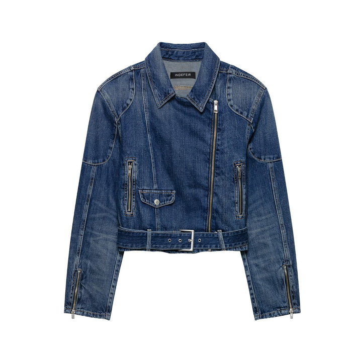 Damen Kurze Denim-Bikerjacke mit Gürtel und asymmetrischem Reißverschluss Echoarchiv