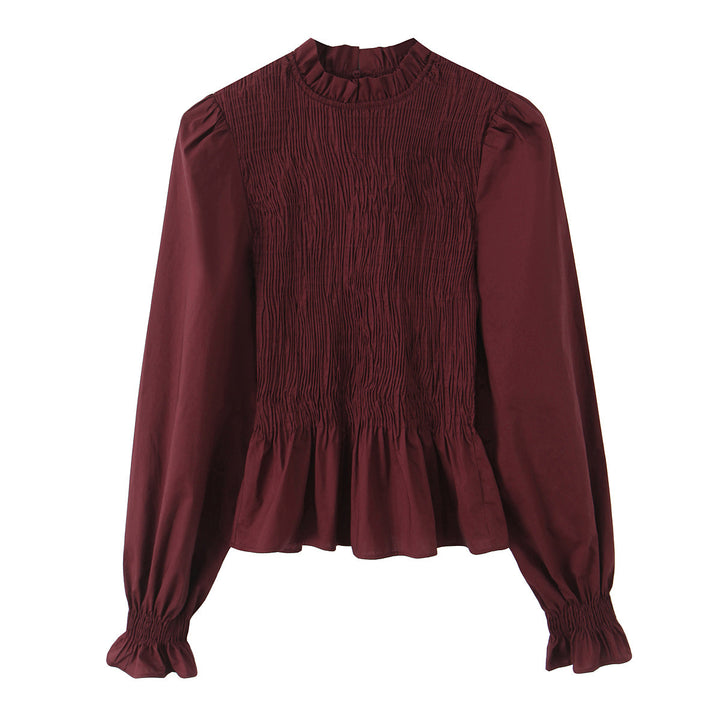 Damen Gestreifte Bluse mit Smok-Front, Stehkragen und Volant-Saum Echo Archiv