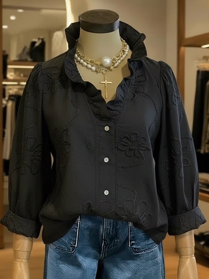 Damen elegante Bluse mit floralen Stickereien und voluminösen Ärmeln Echo Archiv