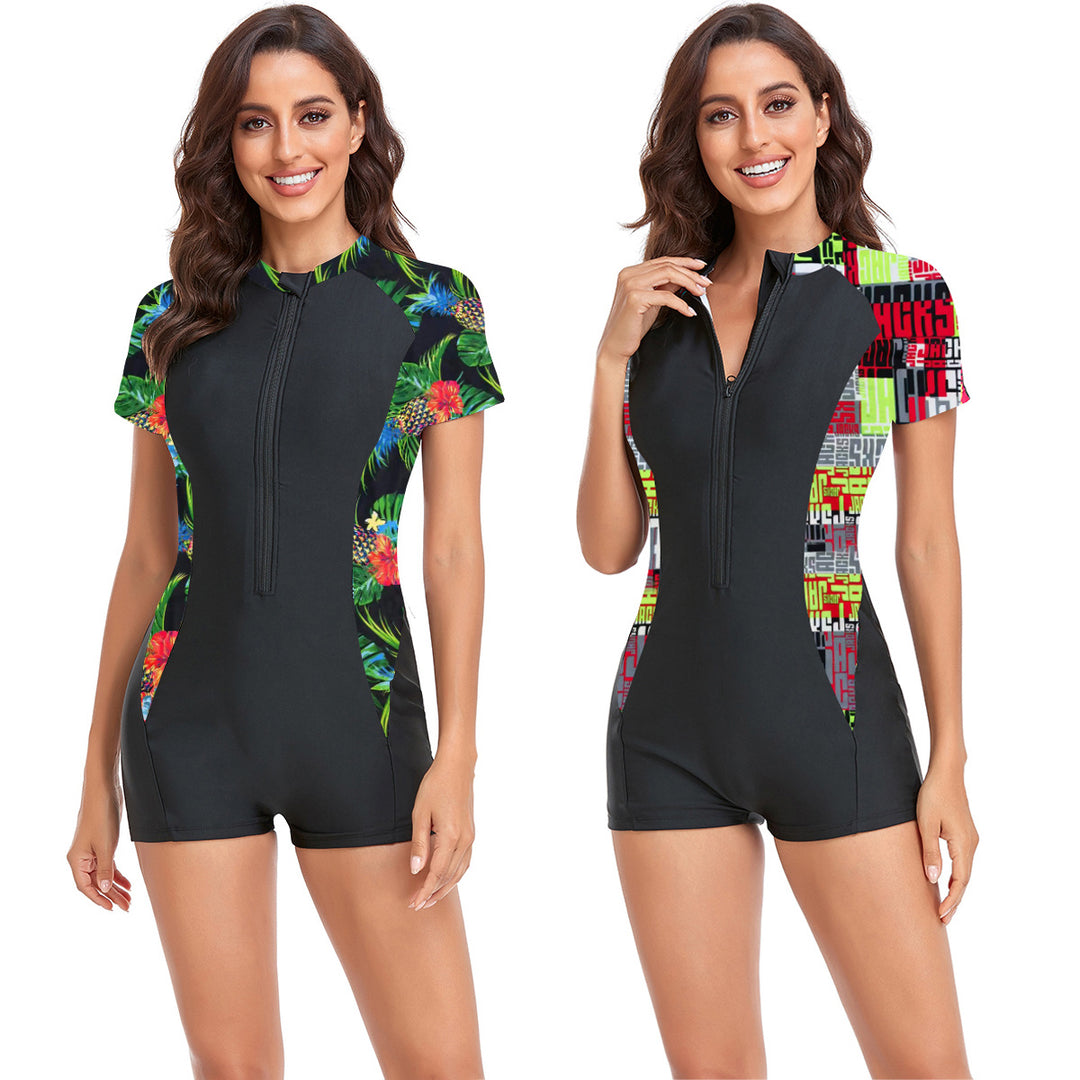 Damen Sportlicher Schwimmanzug mit kurzem Arm und buntem Floralprint Echo Archiv