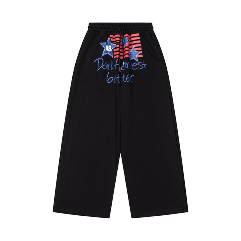 Damen Weite Culotte-Loungehose mit hohem Komfortbund, Kordelzug und Stern-Flaggen-Print Echoarchiv