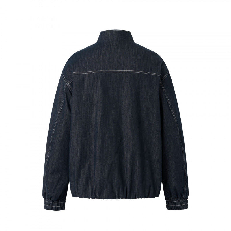 Unisex Kastenförmige Jeans-Blousonjacke mit Stehkragen, Reißverschluss und elastischem Saum Echo Archiv