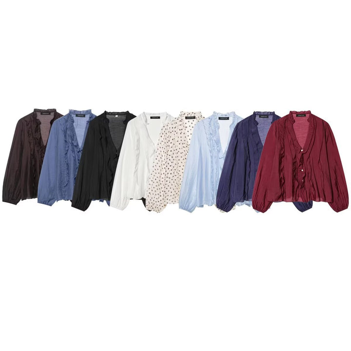 Damen Leichte Chiffon-Bluse mit Volantknopfleiste und Ballonärmeln Echo Archiv
