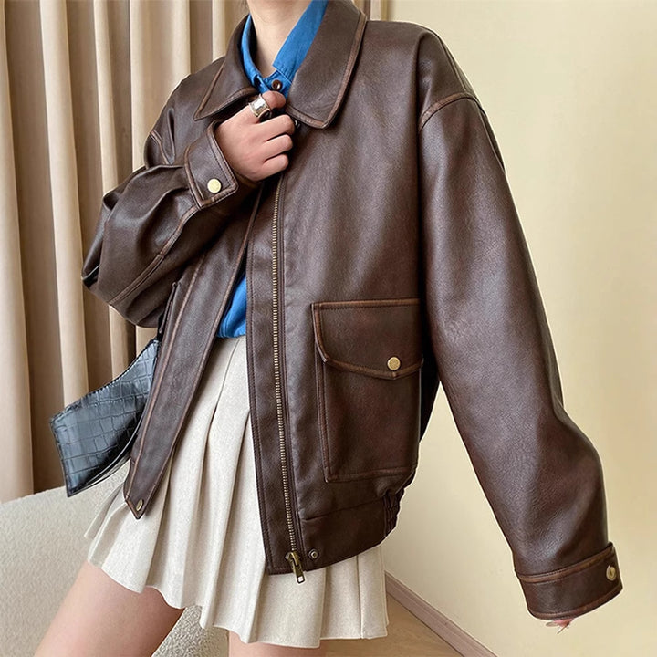 Damen Oversize-Lederimitatjacke mit Hemdkragen und Reißverschluss Echo Archiv