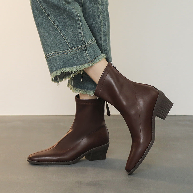 Damen Minimalistische Sock‑Ankleboot aus Glattleder mit hinterem Reißverschluss und sculpted Blockabsatz Echo Archiv