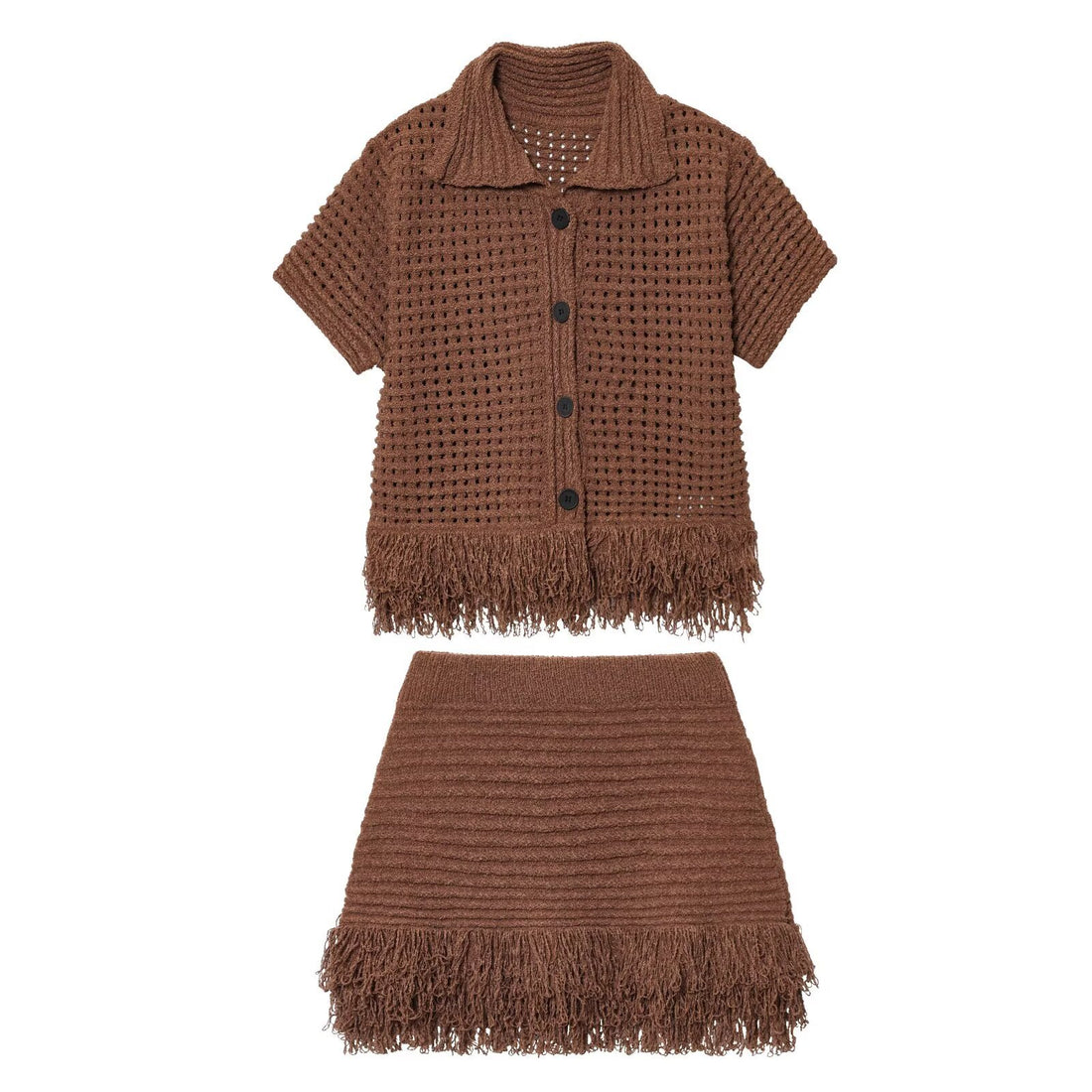 Damen Kurzarm-Strickjacke mit fransigem Saum und dekorativen Knöpfen – Veloura
