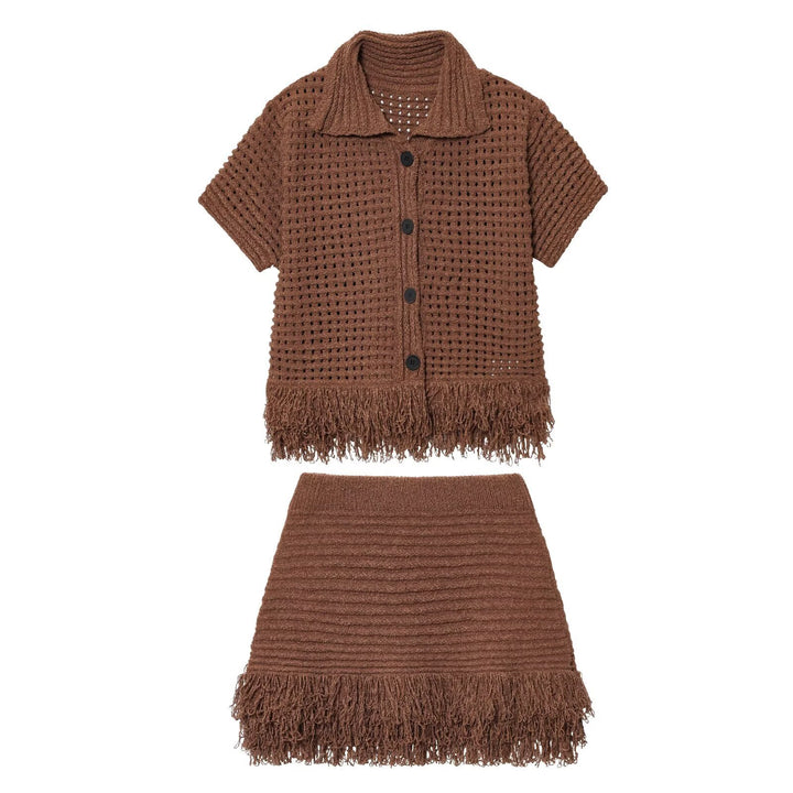 Damen Kurzarm-Strickjacke mit fransigem Saum und dekorativen Knöpfen Echo Archiv
