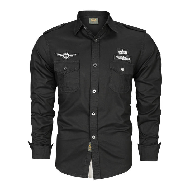 Herren Hemd im Military‑Style mit Schulterepauletten, Brustpattentaschen und Badge‑Applikationen – Arvello