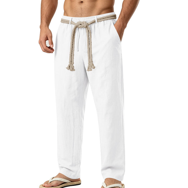 Herren lässige Leinen-Loungehose mit elastischem Bund, dekorativem Seilgürtel und Seitentaschen Echoarchiv