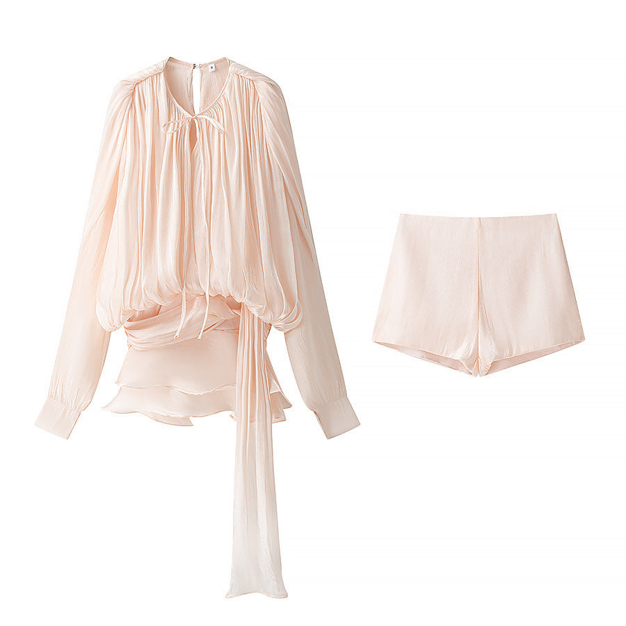 Damen nan luftiges Chiffon-Wickelblusen-Set mit Schärpe und Lagen-Shorts Echo Archiv