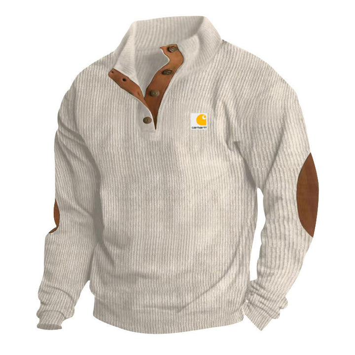 Herren nan Strickpullover im Troyer-Stil mit Stehkragen Lederbesatz Druckknopfleiste und Ellbogen-Patches Echo Archiv
