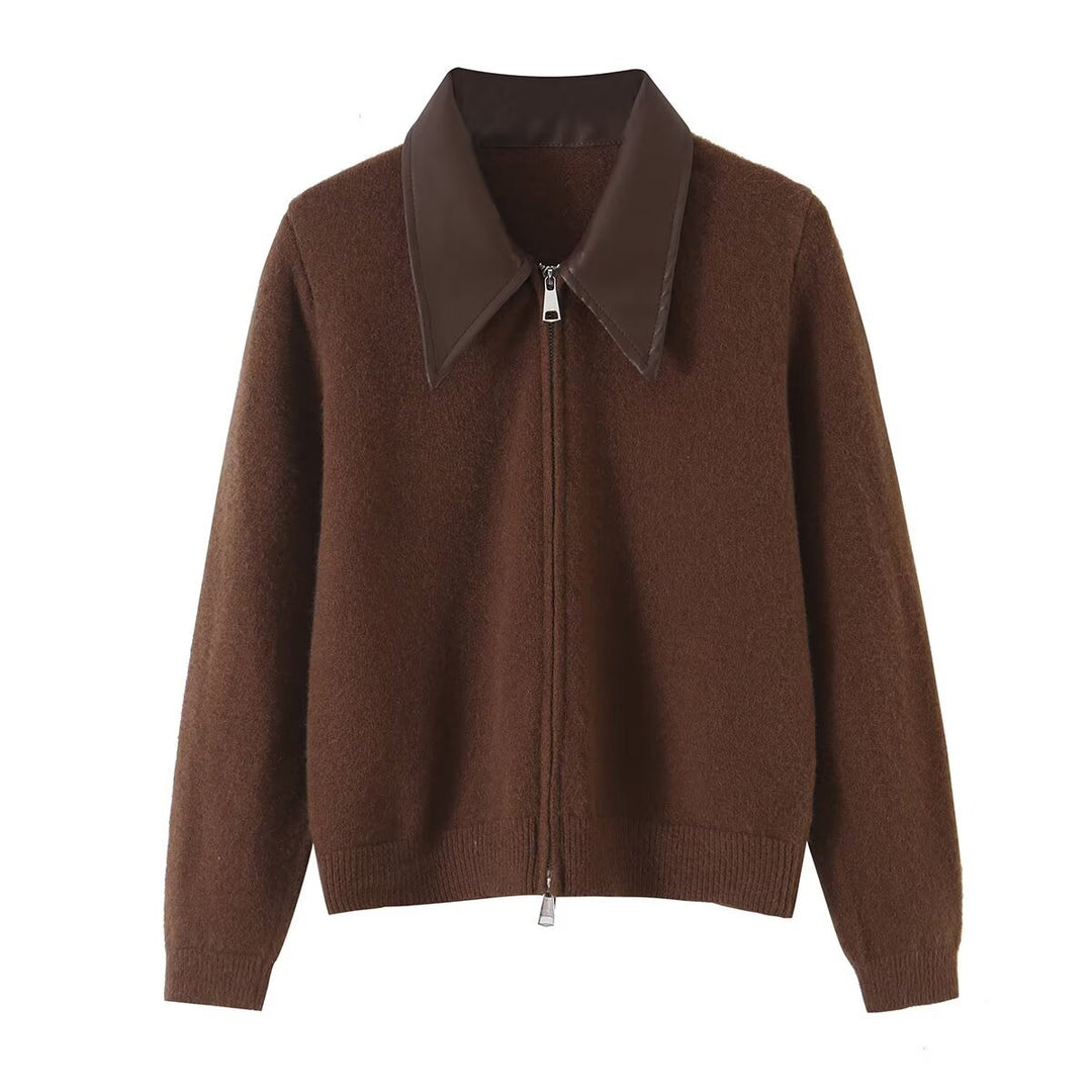 Damen Kurzer Wollmix-Cardigan mit Reißverschluss und kontrastierendem Kunstlederkragen Echoarchiv
