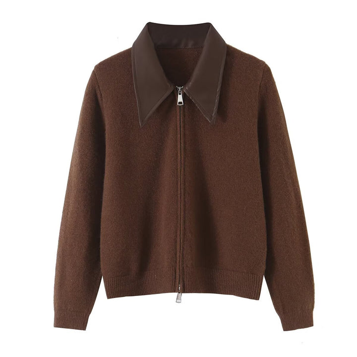 Damen Kurzer Wollmix-Cardigan mit Reißverschluss und kontrastierendem Kunstlederkragen Echoarchiv