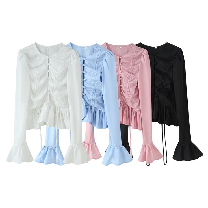Damen Rüschenbluse mit Kordelzug‑Frontraffung, Volant‑Saum und Glockenärmeln Echo Archiv