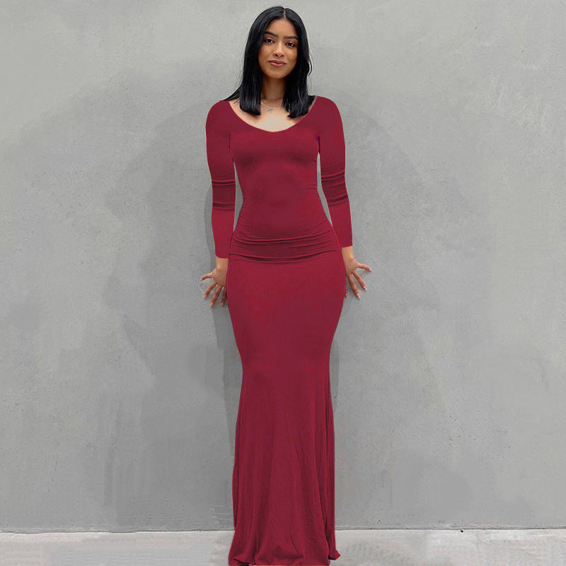 Damen Körperbetontes Maxi‑Jerseykleid mit taillierter Drapierung, langen Ärmeln und ausgestelltem Saum – Valéora